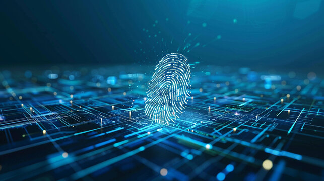 biometrics identity verification symbolized by a singular stylized fingerprint against a seamless di