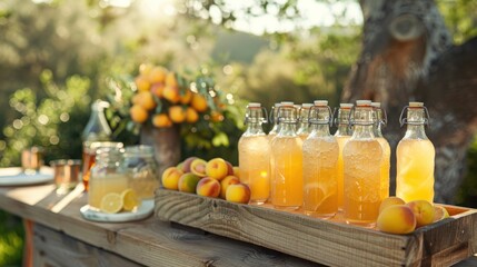 Wall Mural - Creating a charming outdoor beverage station with miniature bottles and freshly made peach lemonade