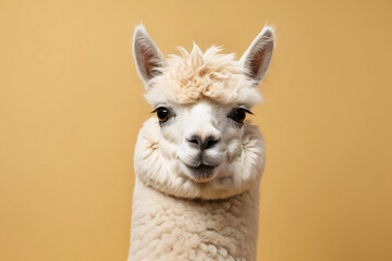 Funny white alpaca on yellow background