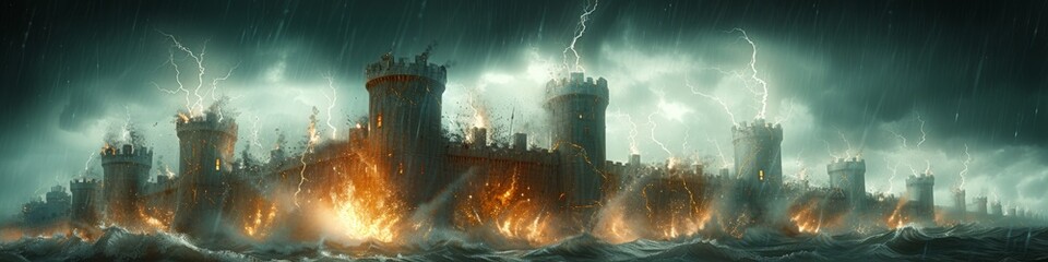 Epic scene of a besieged castle under lightning strikes, conveying a dramatic and historical battle atmosphere for storytelling and game design