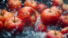 Fresh Apples In The Air With Water Splash