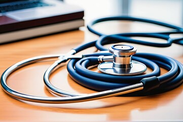 Medical stethoscope lying on table in medical office.