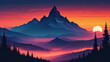 Dramatic red sunset in mountains.  Silhouettes of mountains and trees. Vector style illustration