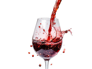 A vivid splash of red wine in a glass against a white background, capturing dynamic motion and contrasting colors, perfect for beverage and celebration themes.