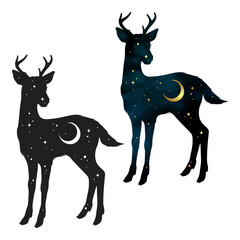 Wall Mural - Silhouette of Deer magic animal with night sky with crescent moon gothic tattoo design isolated vector illustration