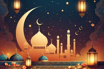 Canvas Print - islamic background with golden lamp lantern with crescent and mosque, ramadan holiday.