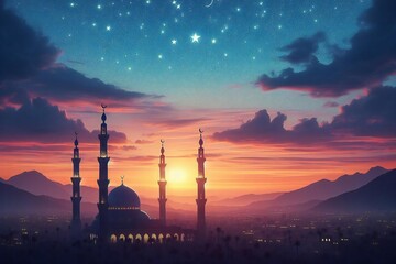 Canvas Print - ramadan kareem. mosque with crescent and stars eid mubarak greeting cover card