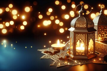 Canvas Print - Glowing ramadan lantern with crescent. Islamic greeting cards for muslim holidays and ramadan. Banner template for celebration ramadan.