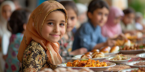 Poster - Ramadan Feast: Joyful Muslim Girl with Traditional Meal.A young Muslim girl in a hijab smiling at a table full of delicious Ramadan dishes, sharing a meal with others.