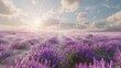 A sun-drenched field of lavender stretching out towards the horizon, its vibrant purple blooms dancing in the breeze. Bees flit from flower to flower, collecting nectar to make their sweet honey.