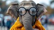 A lovable elephant wearing oversized glasses, its trunk playfully curled as it peers through the f