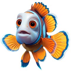 The image depicts a colorful fish with orange and blue fins, a white face, and brown around its eyes. It has a scared expression and is swimming in the water. Generate AI	
