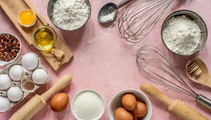 flatlay collection of tools and ingredients for home baking with flour copyspace in the center on pink background shot from above