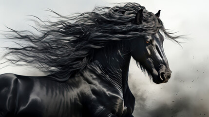 Naklejka na meble Majestic Black Stallion with Flowing Mane, created with Generative AI technology