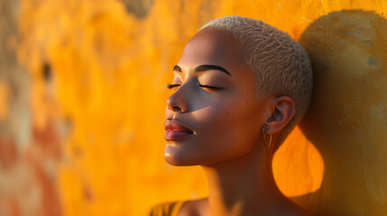 Wall Mural - Close-up portrait of charming young black woman with dyed blonde short haircut under sunlight against yellow wall. Beautiful African model with closed eyes and sexy appearance. Fashionable hairstyle.