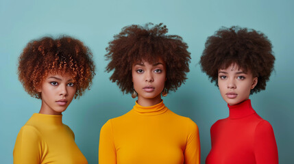 Wall Mural - Close-up portrait of three charming young black women with afro haircuts against blue studio background. Beautiful African models with perfect makeup. Ethnic hairstyle and diversity.