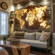Rustic Home Interior with Illuminated Wooden World Map Backlit Wall Art in Cozy Living Room - Warm and Inviting Global Travel Themed Decor
