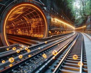 Wall Mural - Futuristic Train Tunnel with Orange Glowing Lights, High-Speed Rail, Advanced Transportation, Sci-Fi Technology, Modern Infrastructure, Dynamic Motion, High-Tech Environment