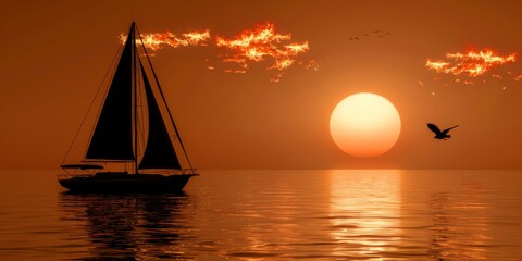 Wall Mural - Tranquil Sailing at Sunset with Silhouetted Yacht and Seagull Against a Glowing Orange Sky