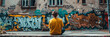 Contemplative Youth in Urban Setting Viewing Graffiti, Meditative Street Art