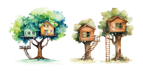 tree house watercolor vector illustration