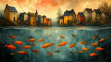 Fototapeta  - Miasteczko nad jeziorem pełnych czerwonych ryb