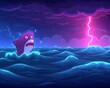 Cartoon shark in stormy ocean with lightning strike, expressive and humorous depiction of sea life in turbulent weather conditions, playful yet intense atmosphere with vivid colors and dynamic composi