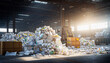  A large pile of unsorted paper waste in a warehouse, with sunlight shining through the windows