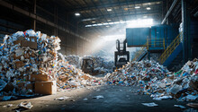  A large warehouse filled with mountains of unsorted recyclable materials