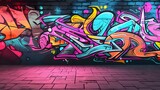 Fototapeta  - Abstract colorful graffiti on brick wall. Street art concept. 3D Rendering