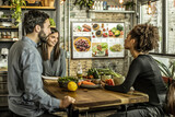 Fototapeta Tulipany - Inside a nutritionist's consultation room, a couple discusses their meal plan, board showcases vibrant food photos and nutritional charts.