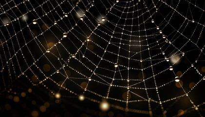 A delicate and intricate spider web shimmers in the morning dew