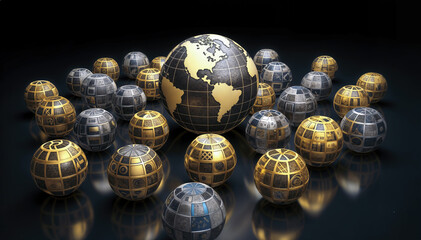  A 3D rendering of a metallic earth surrounded by metallic spheres representing the digital world
