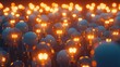 large huddle of glowing light bulb against dark background. AI generated illustration