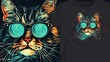 Portrait of Cat with glasses. Vector art illustration. T-shirt design.