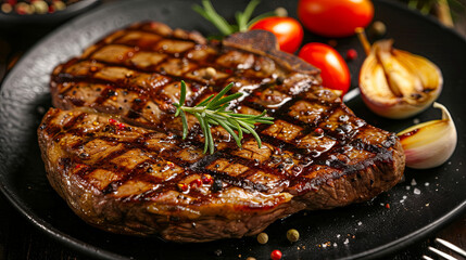 Wall Mural - Delicious juicy grilled meat with vegetables on a plate on a black isolated background