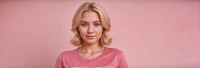 lady wearing pink t shirt isolated on pink background with copy space 