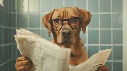 Wall Mural - A dog wearing glasses and reading a newspaper in a bathroom. Generative AI.