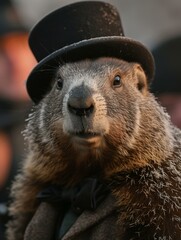 Poster - A groundhog wearing a top hat and bow tie. Generative AI.