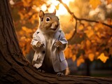 Fototapeta Dziecięca - A squirrel dressed in a white coat standing on a tree branch. Generative AI.