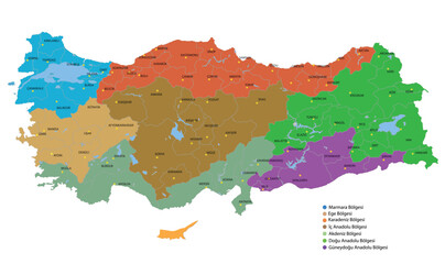  Türkiye geographical regions map. Vector image. White background.