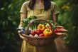 Woman Holding a Basket of Fresh Vegetables in a Organic Farm
