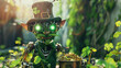 A leprechaun cyborg pot of digital gold at its feet exploring themes of luck and technology