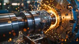 Fototapeta Zachód słońca - Industry of metalworking: polishing metal, internal steel surface grinding on lathe grinder with sparks flying