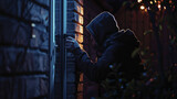 Fototapeta  - Silhouette of a hooded figure breaking into a house at dusk, concept of burglary and home security.
