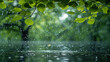 A serene image capturing raindrops falling gently on vivid green leaves with a blurred watery background