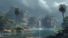 A Mystic Prehistoric Valley With Lush Palms And Waterfalls, Where Dinosaurs Roam Freely Under A Stormy Sky In An Ageless Echo Of Earth's Past