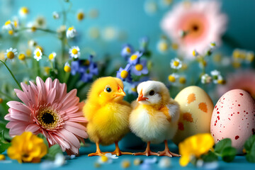  A cute yellow chicken surrounded by colorful Easter eggs and flowers on a blue background. The image can be used for Easter cards or spring season decorations.