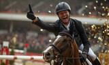 Fototapeta  - Professional equestrian celebrating the championship gold