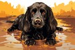 A black and brown Spaniel dog lying in mud with a sad expression. Surrounded by a muddy background with a hint of orange color in the environment.